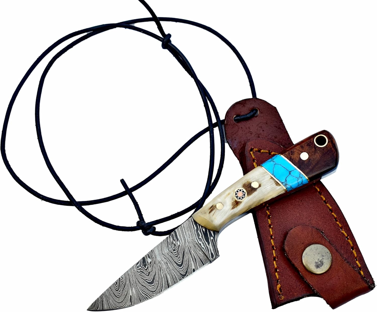Handmade Full Tang Neck knife with Sheath, 5.75 inches Fixed Blade Pocket Knife, Damascus EDC Utility Knife, Small Knife, Ram Horn, turquoise and Wood Handle