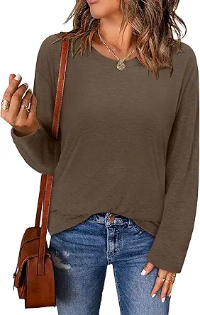 ONLYSHE Women's Casual Striped Long Sleeve Tops Crew Neck Knit Basic Loose Fit T Shirts Fall Fashion Tunic Outfits