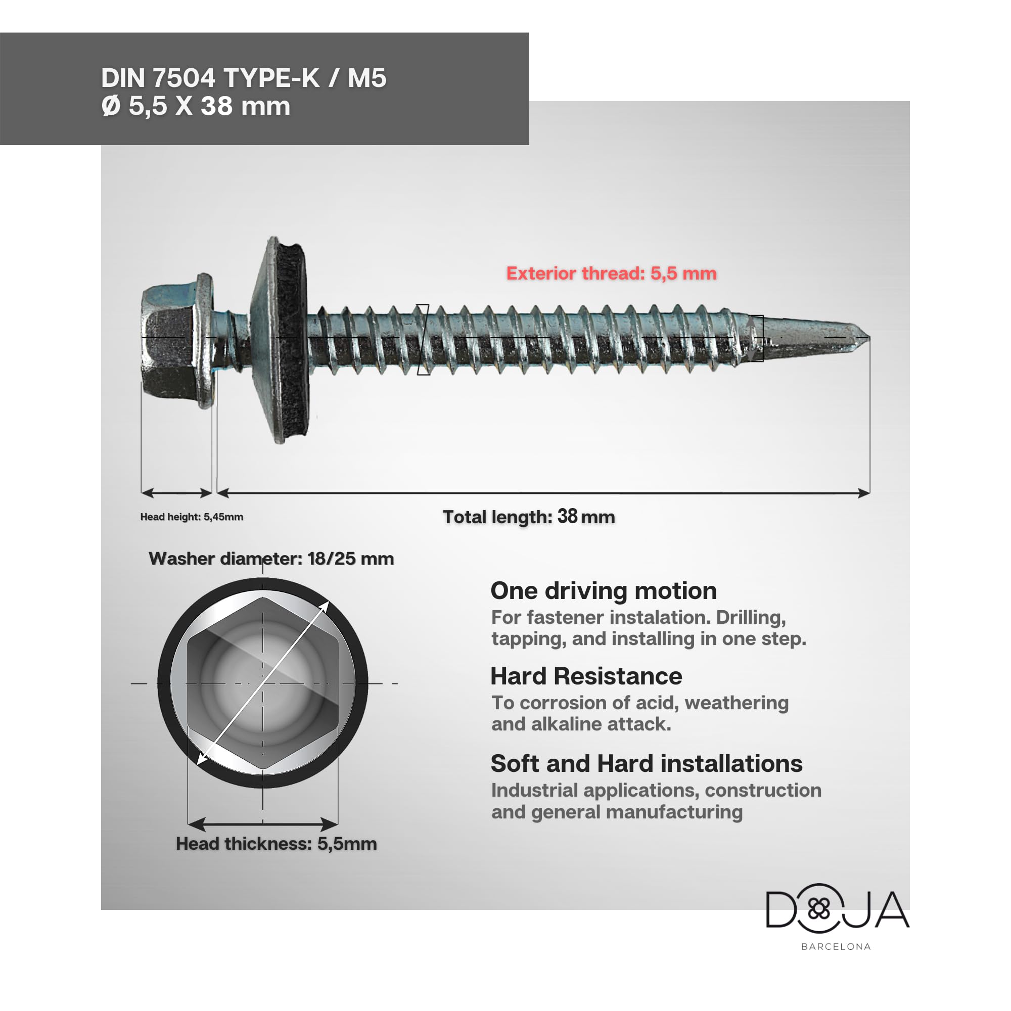 DOJA Barcelona Hex head drilling screws, Self tapping screws with washer, metal self drilling, Hex head, tapping with washer - Image 3