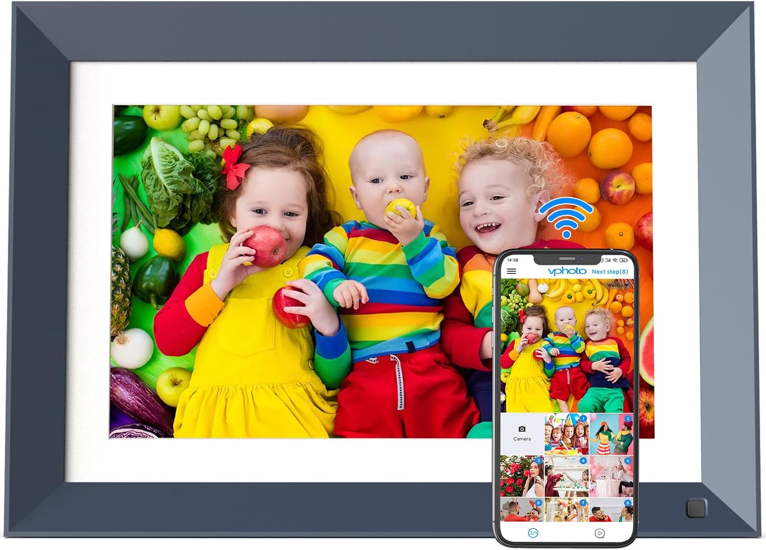 FULLJA digital photo frame displaying images, with a smartphone showing the VPhoto app interface next to it.