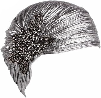 Womens 20S Gatsby Turban Hat Noble Ruffle Glitter Pleated Stretch Head Wraps Chemo Cap