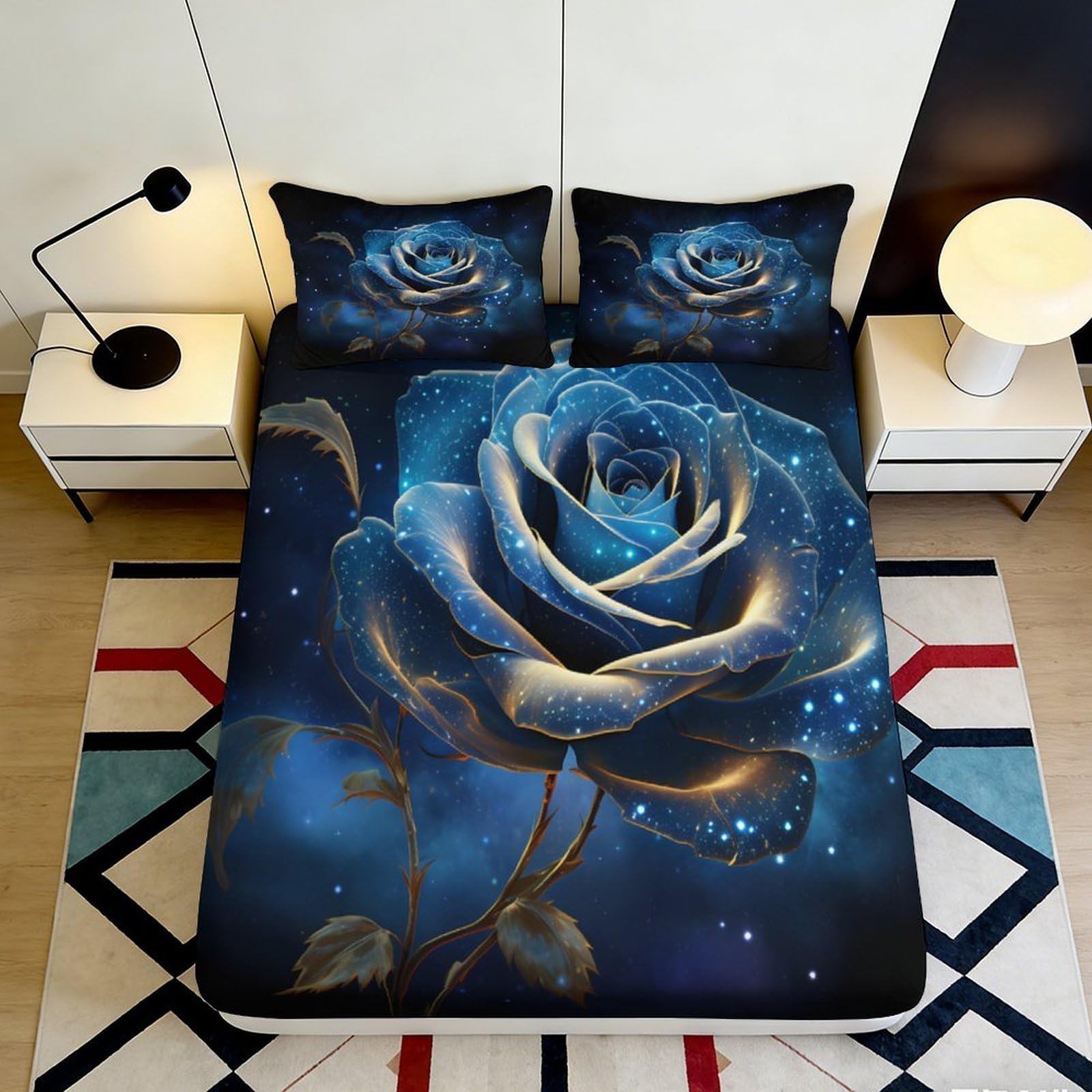 3D Printed Blue Rose Fitted Sheet Microfiber 3D Galaxy Starry Sky Mattress Cover for Bedroom Dormitory Guest Room Bed Protection Decoration 200x200x25cm