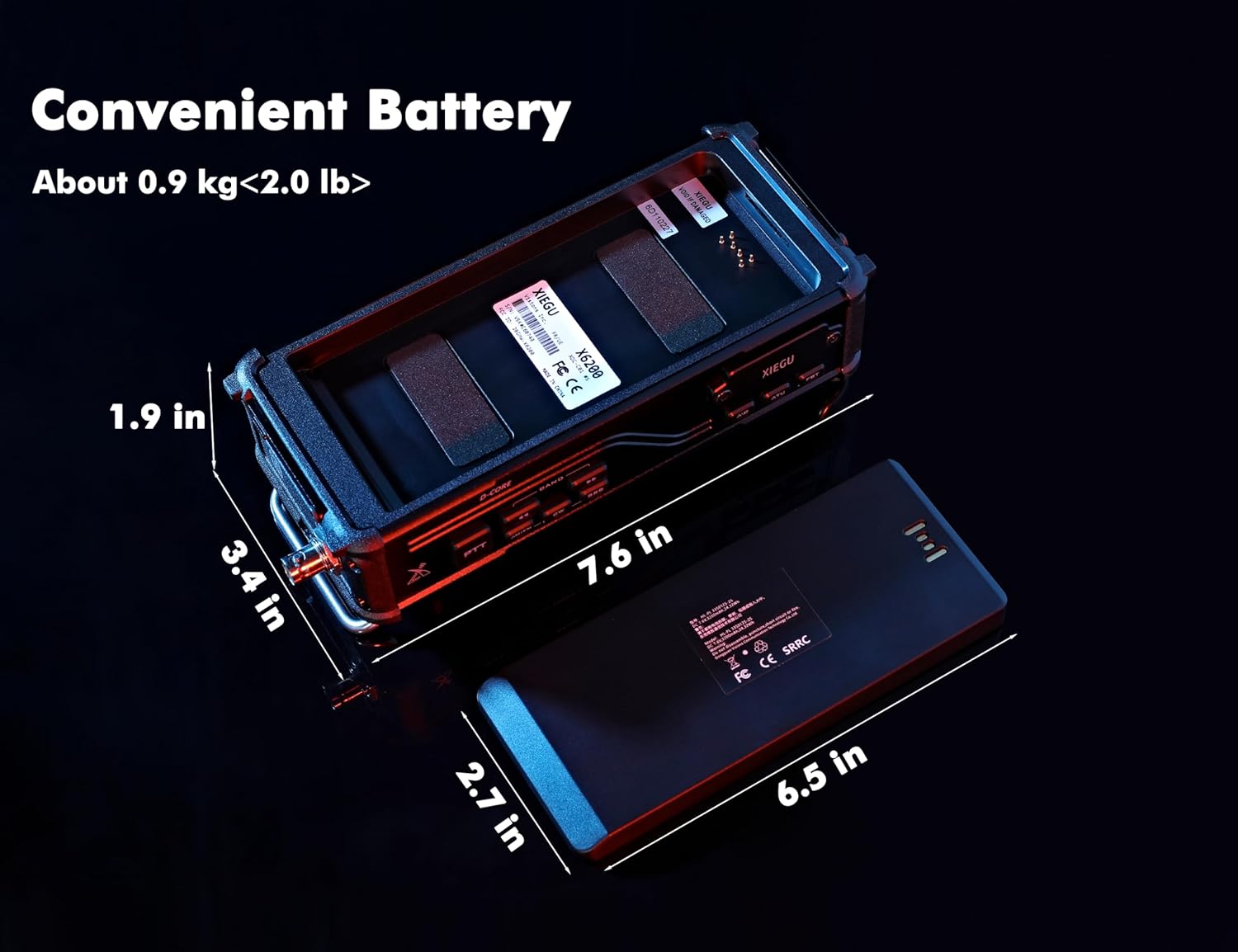 Xiegu X6200 with battery removed showing dimensions