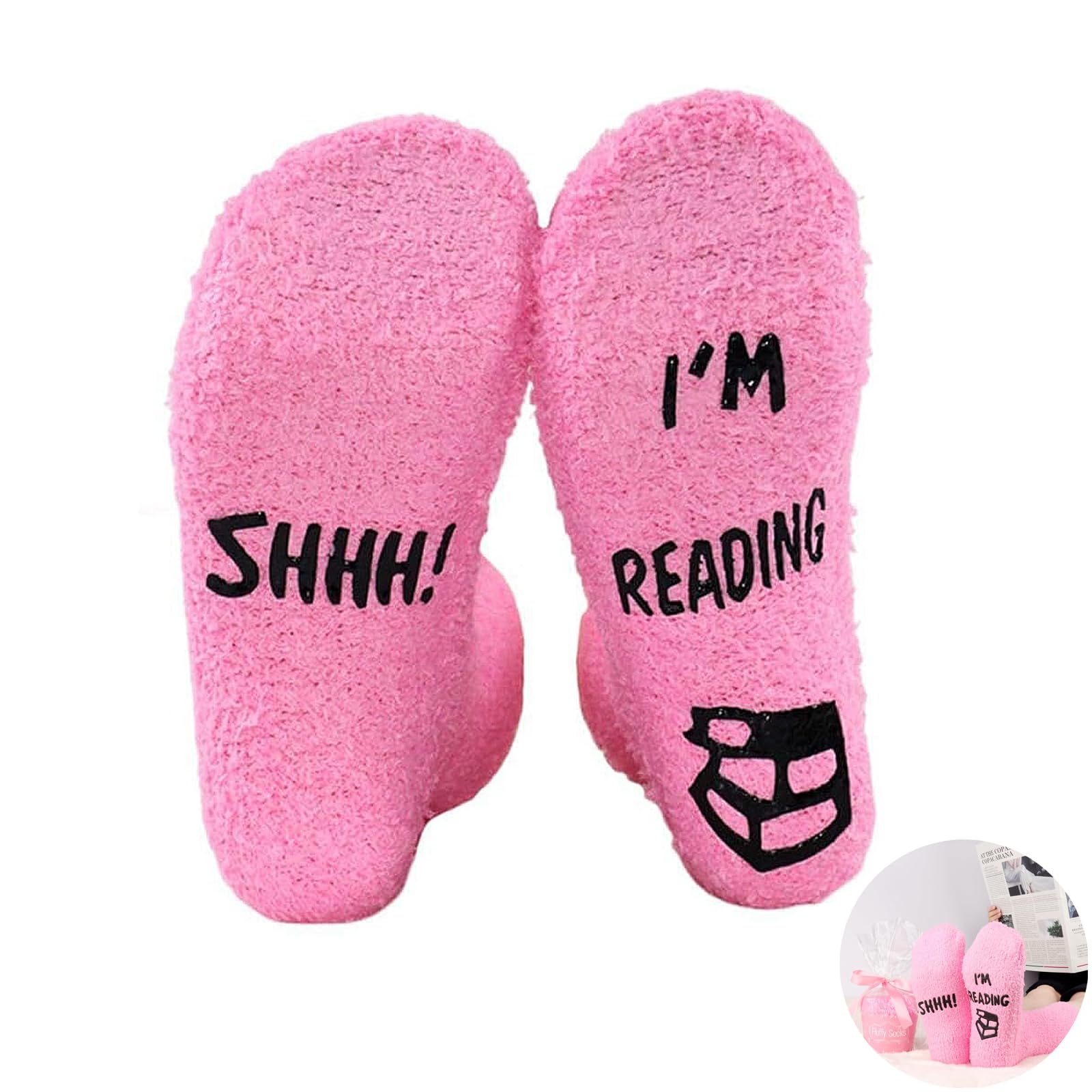 JFGDVW Pink Socks Gifts For Book Lovers, Novelty Gifts For Women Men, Printed Shhh! I'M Reading, Unisex Gift For Readers Sock Anti Slip, For Men And Women