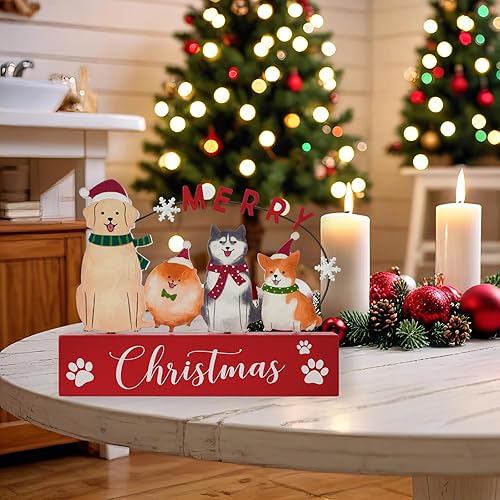 Miniatura 5 de Decoraciones de Navidad para el hogar, decoración de Navidad, letrero de madera lindo para perro con hierro, rústico de granja, bloque de mesa