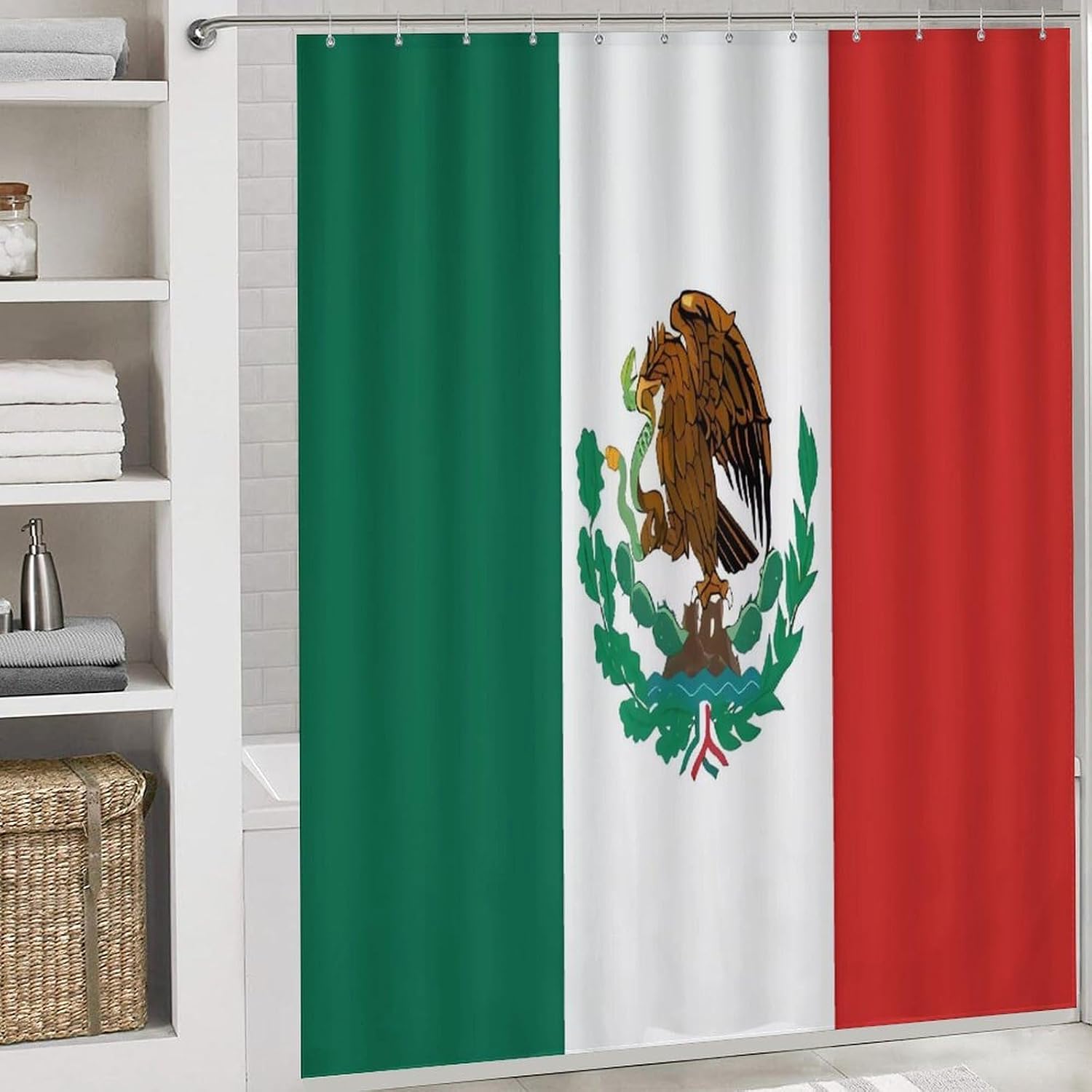 Flag of Mexico 4Pcs Shower Curtain Set with Non-Slip Rugs, Toilet Lid Cover and Bath Mat,Bathroom Set Decor Accessories,Curtain Set with 12 Hooks, 72 X 72 Inch
