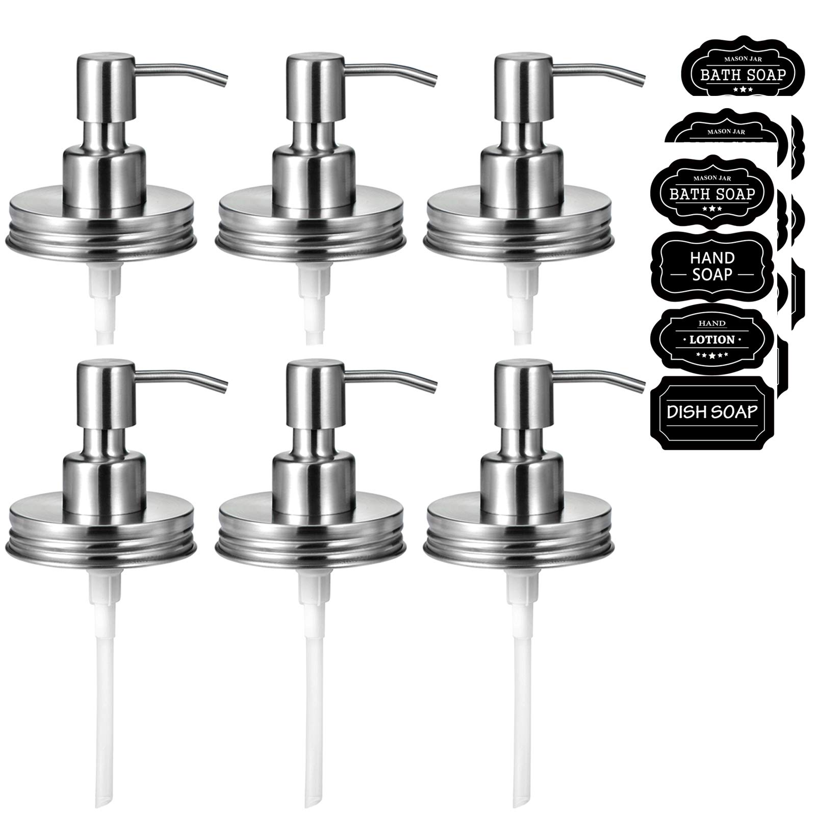 Amolliar Mason Jar Liquid Soap Dispenser Lids - 304 Stainless Steel Pumps & Lids for 16oz Regular Mouth Mason Jar-Rustic/Farmhouse Decor, for Hand Soap,Dish Soap, Lotions/Brushed Nickel-6 Pack