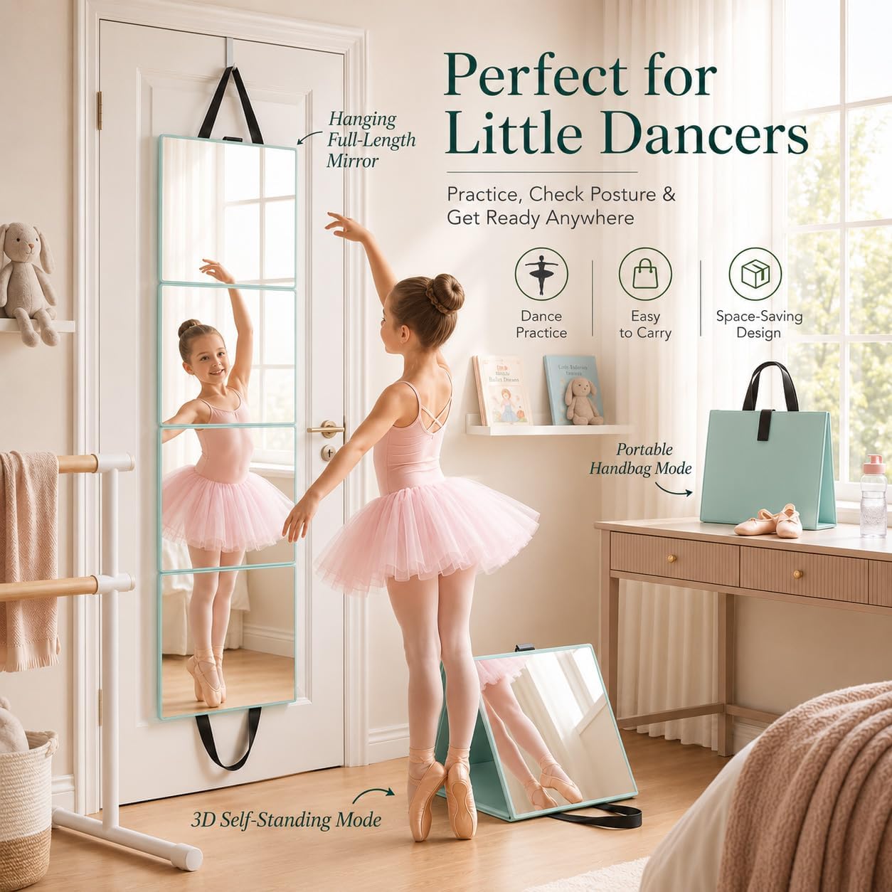 Foldable Portable Full Length Mirror, Portable Mirror in 3 Way - Pyramid, Full Length, 39x11.6 Inch Hanging Shatterproof Travel Mirror for Camping, Travel, Dancers - Mint