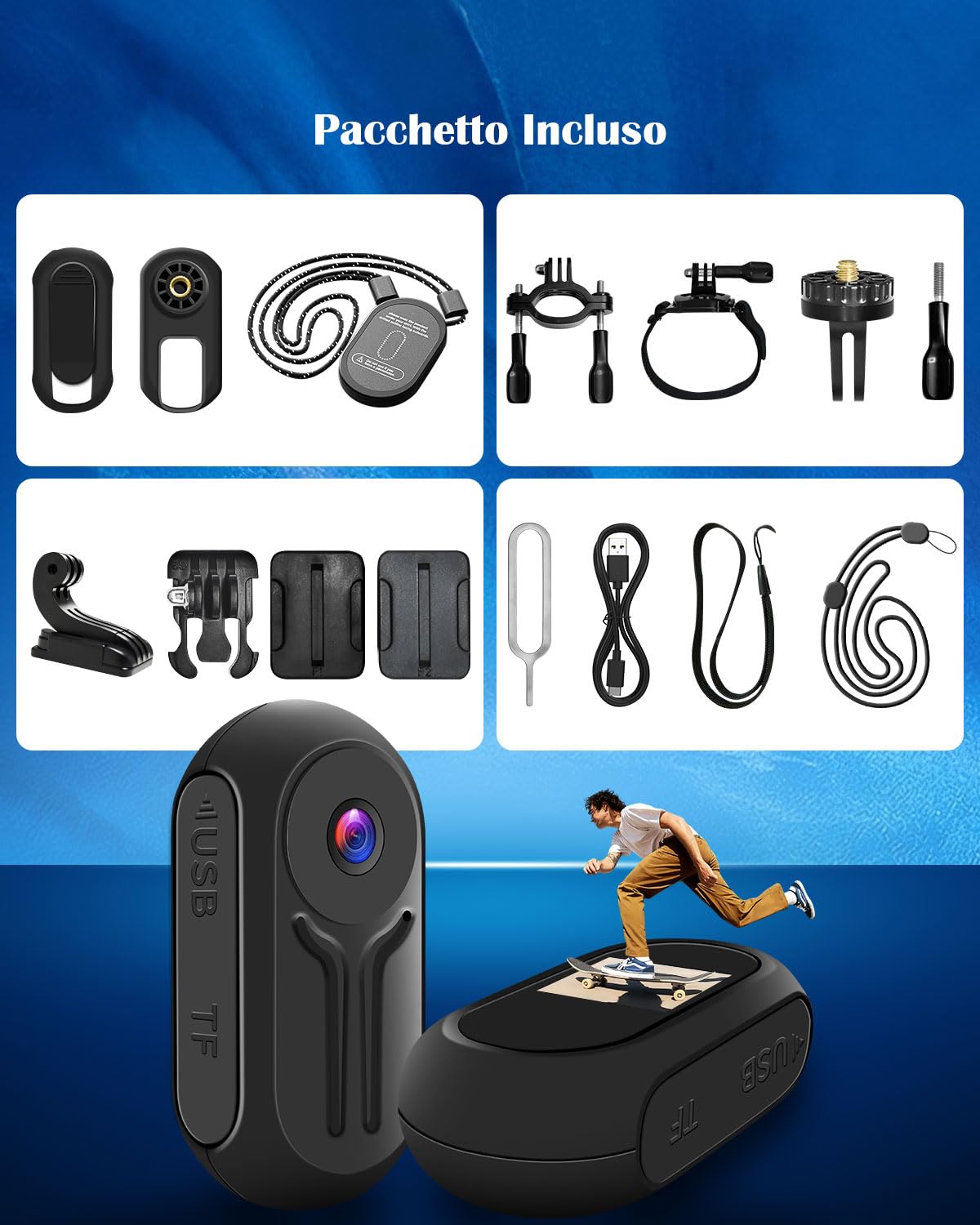 Action Cam 1080P HD, Mini Telecamera Sportiva 120°, Portatile Fotocamera d'Azione con Schermo Bodycam Videocamera Accesorios Multiples per Vlog Bicicletta Casco Moto