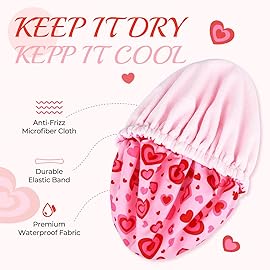 Shower Cap for Women Terry Lined Bath Cap Large Reusable Waterproof Elastic Band Pink Love Shower Caps for Long Thick Hair Soft Bath Shower Hair Caps