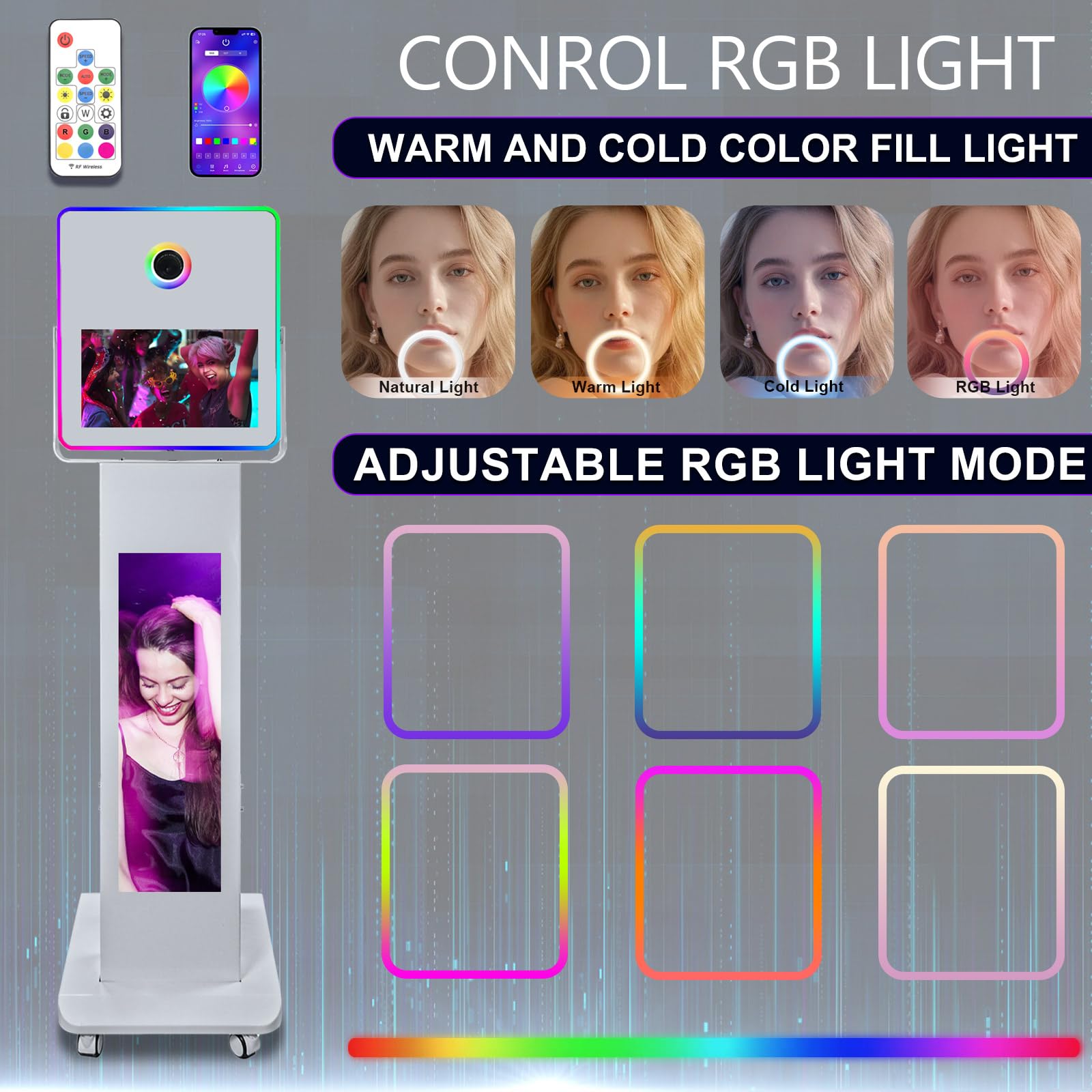 Maszyna do fotobudki z 29-calowym ekranem LCD, światłem wypełniającym RGB, ekran dotykowy 39.6 cm, urządzenie do fotobudki, na imprezy, wesela, wydarzenia (maszyna + kamera)