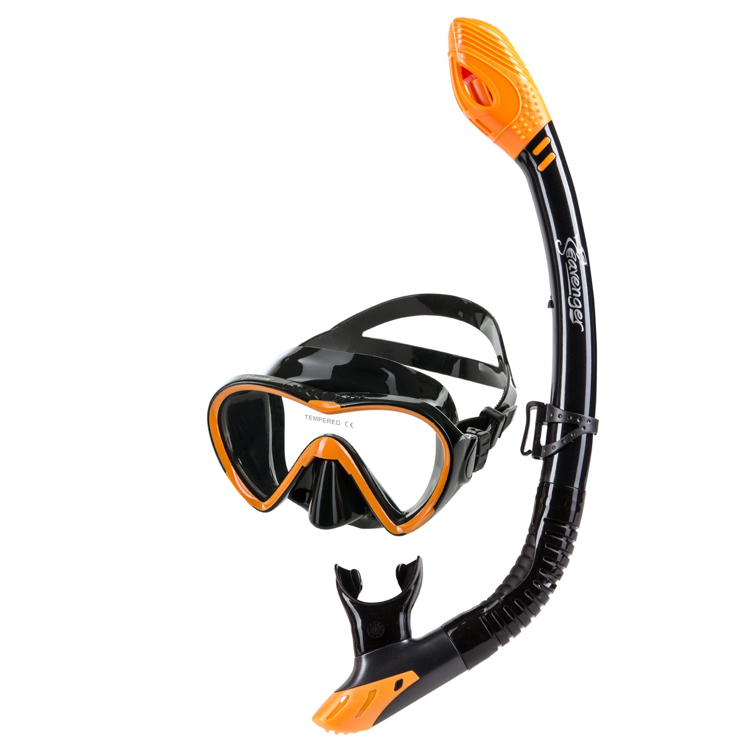 Seavenger Aviator Mask and Snorkel | Snorkeling Set with Dry Top | Men and Women (Black Silicone Orange)