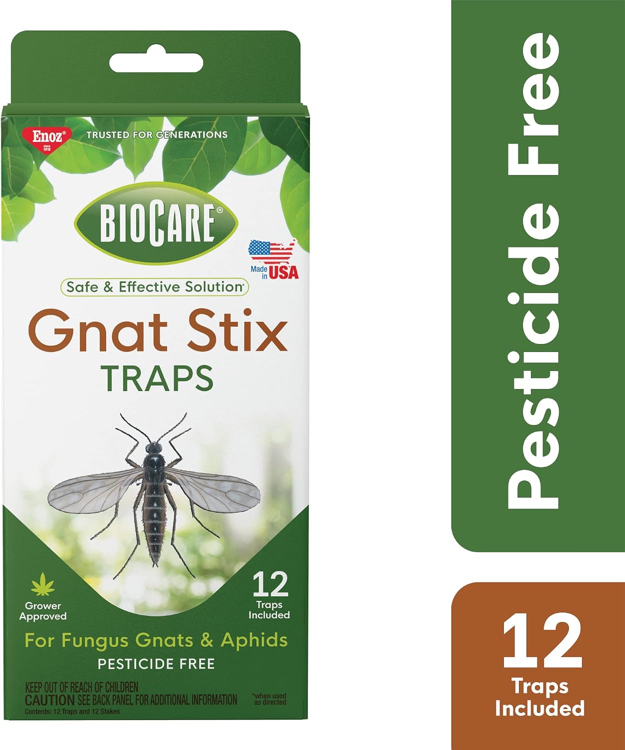 Enoz BioCare Gnat Stix for Fungus Gnats and Aphids, Pest Control for Plants and Greenhouses, Safe & Effective, 12 Pack