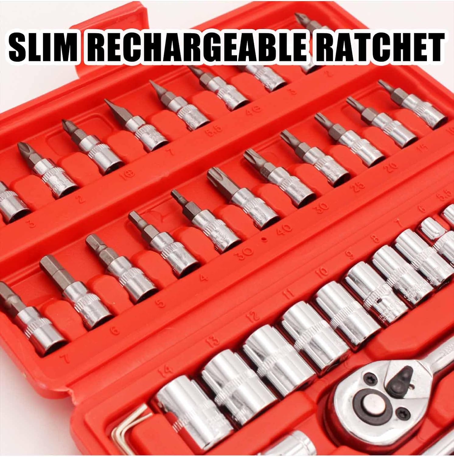 Electric Ratchet, Cordless Electric Slim Ratchet Set, Slim Rechargeable Ratchet, Electric Ratchet 3/8 Drive, Power Ratchet Wrench Kit for Auto Repair Comes with 45 Adjustment Tools (Black)