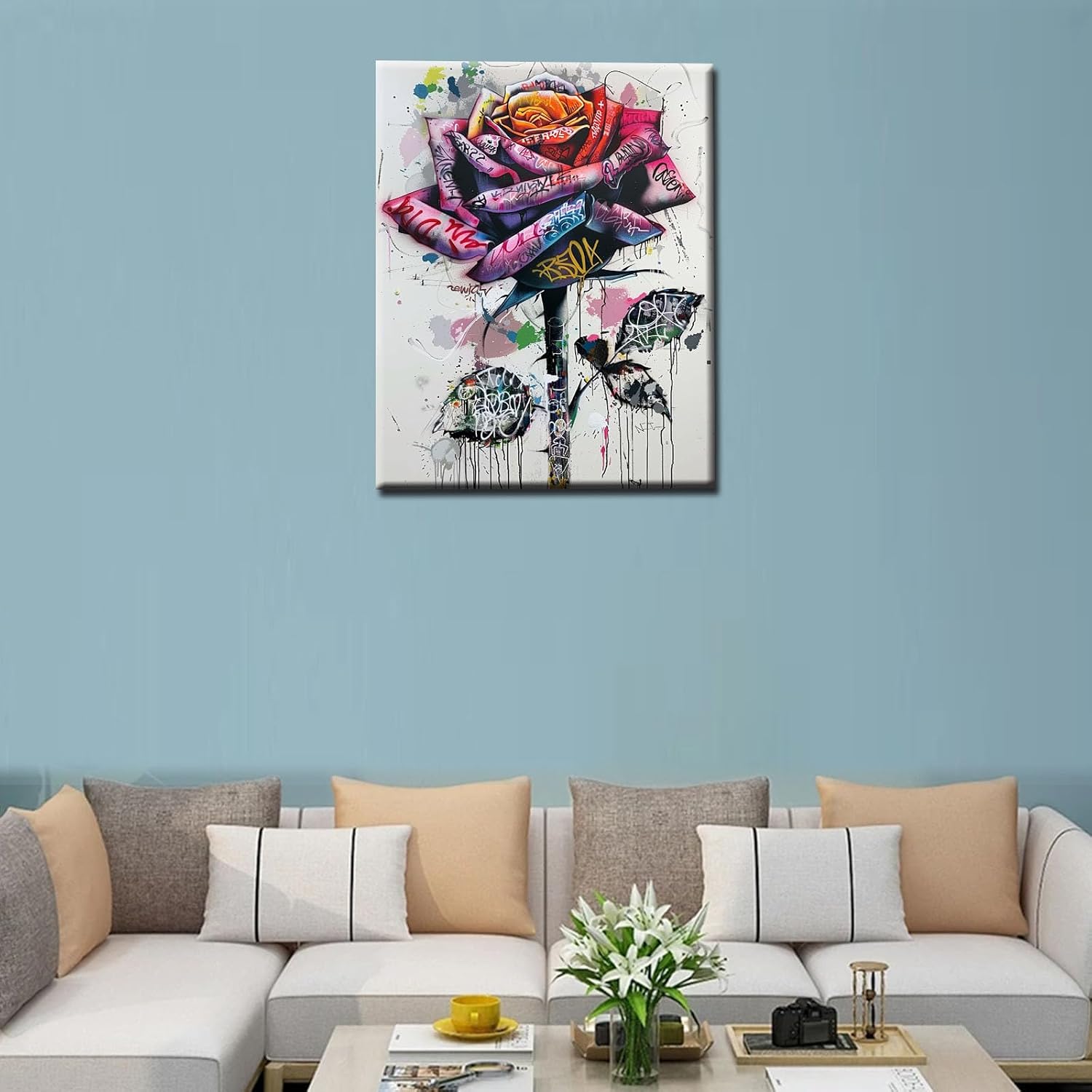 Tucocoo Graffiti Rose Paint by Number Kit for Adults and Women Multicolored Petals Paint by Numbers Kit for Adults Kits White Background Painting on Canvas Home Wall Decor 16x20 Inches （DIY Frame ）
