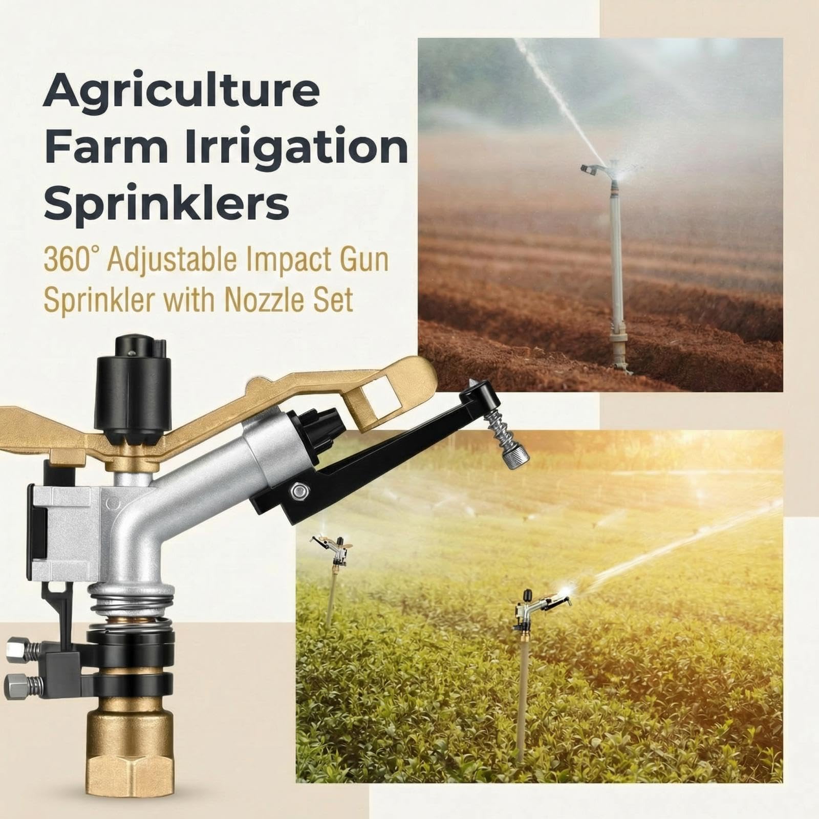 Maxcheck Aspersores de riego agrícola, pistola de impacto ajustable de 360° con juego de boquillas, pistola de riego de gran área para jardín, granja, césped (clásico, rosca hembra Npt de 1 pulgada)