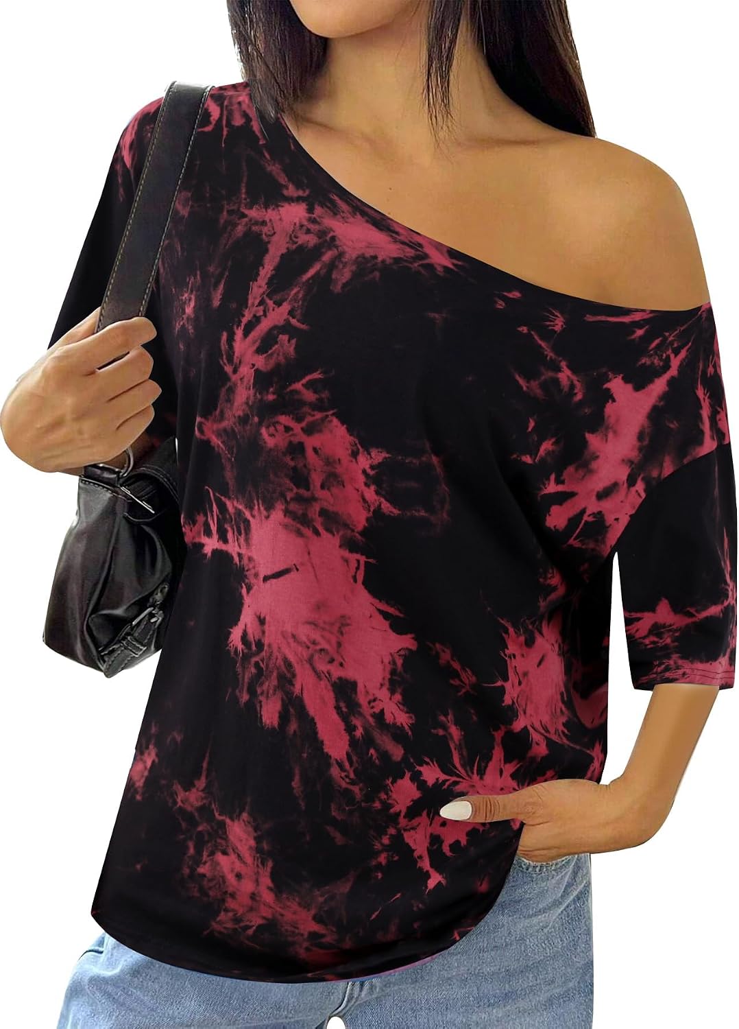 SOFIA'S CHOICE Women's Summer Off The Shoulder Tops Tie Dye Shirts Short Sleeve Oversized Tshirts