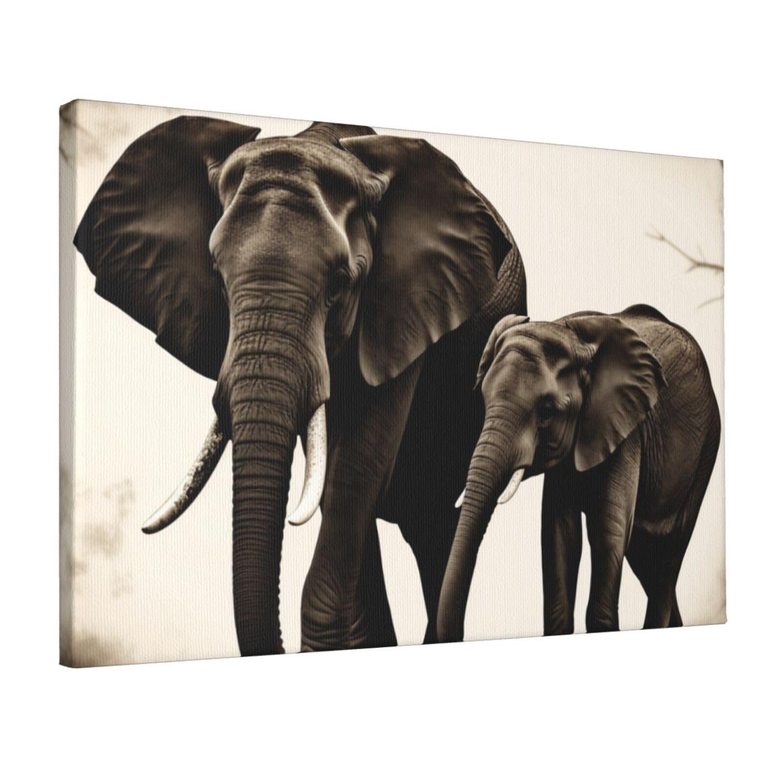YKLJG old elephant and young elephant Printed Wall Art Canvas Prints 45x30 CM Wooden Framed Picture Painting Artwork for Bedroom Kitchen Home Office Decor