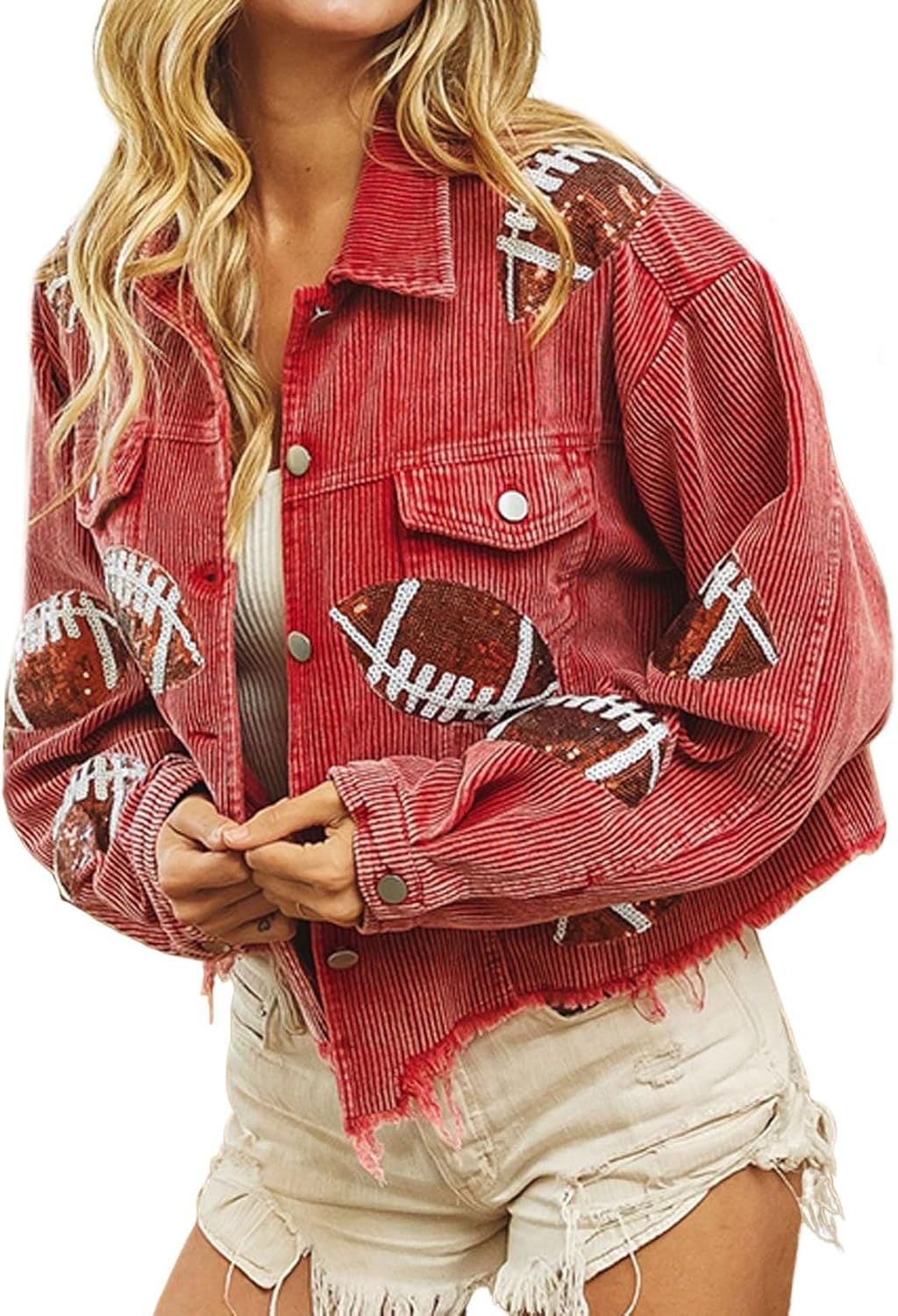 yoeasy Women's Corduroy Rugby Sequin Crop Jacket Raw Hem Vintage Football Distressed Short Jacket Coat With Pockets