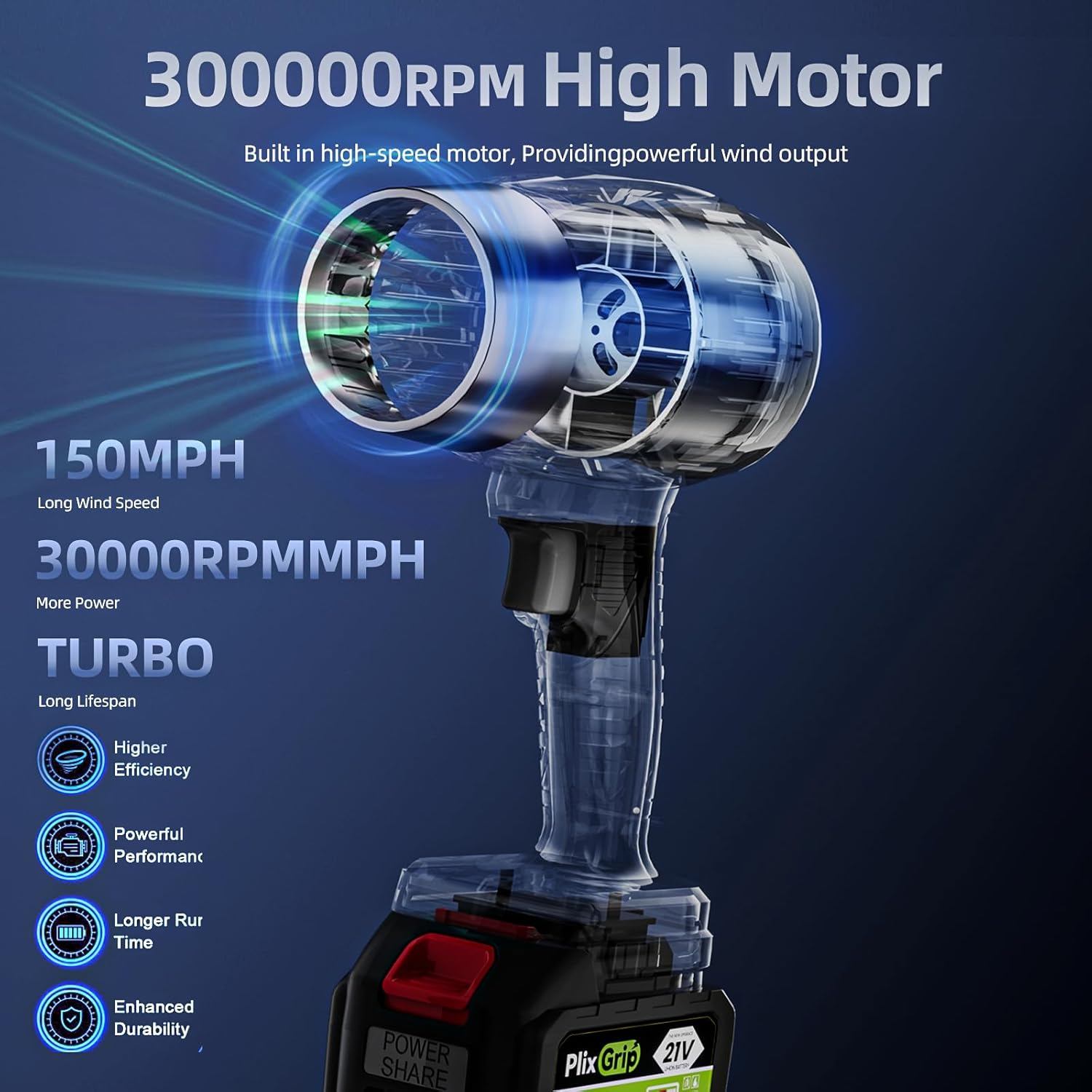 Leaf Blower Cordless with Battery and Charger,Electric Leaf Blower Cordless, 300000 RPM, 2 x 3.0Ah Batteries & Charger, Handheld Leaf Blowers for Lawn Care (Black Blue) - Image 3