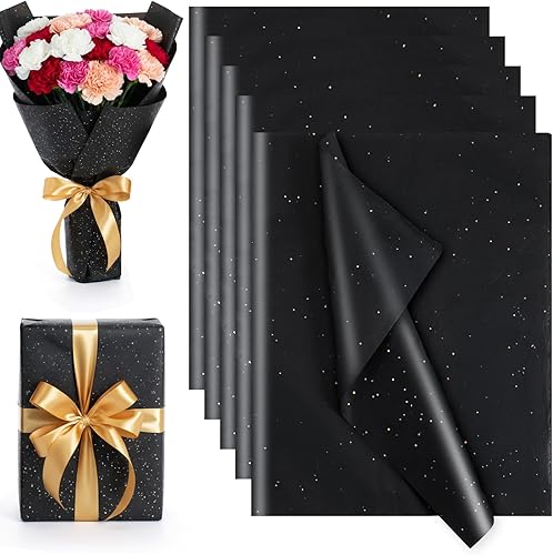 50 hojas de papel de seda para embalaje de pañuelos, papel para bolsas de regalo, papel de regalo con purpurina negra para envolver regalos, bolsas