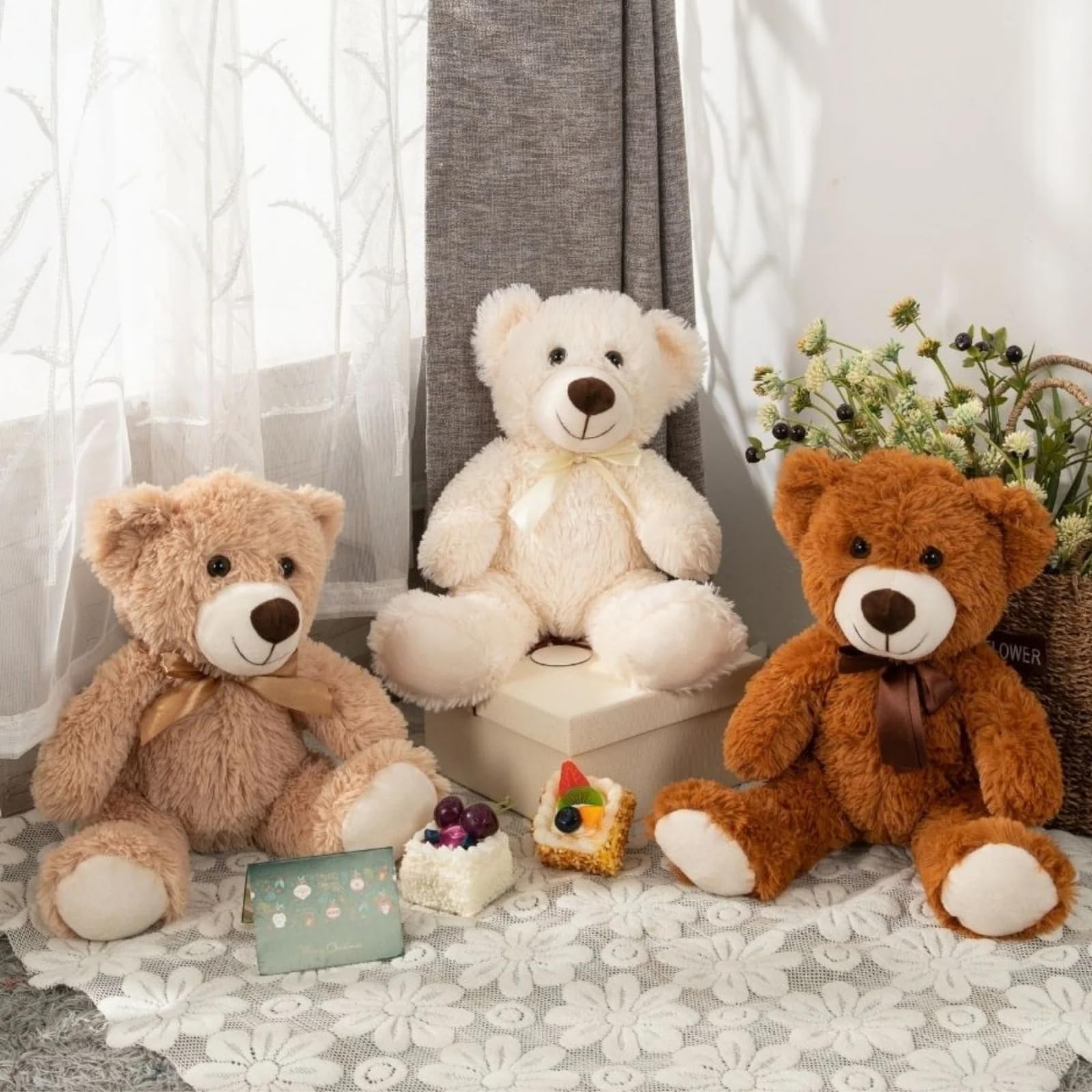 MorisMos Small Teddy Bears Bulk, 3Pcs 35cm Medium Teddy Bear Plush Soft Toys, Little Stuffed Bear Fluffy Teddies Present for Kids Girlfriend Wife Mum Birthday Mothers Day Deco