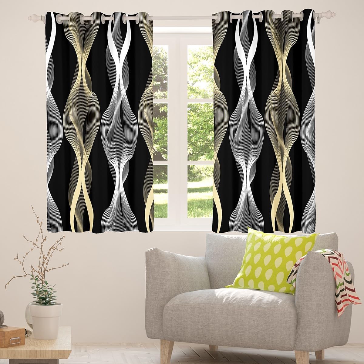 Geometric Curtain Silver Gold Wave Line Window Curtain Gradient Striped Window Treatments for Adults Women Men Living Room Aesthetic,Geometrical Line Curtains & Drapes,Abstract Modern,Black