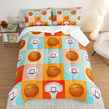 Basketball Comforter Kids Bedding Twin Size,Sports Style Basketball Printing Bedding Set for Teens Boys Bedroom Decor,Ball Sports Games Comforter Set Soft Kids Bedding with 2 Pillowcases.