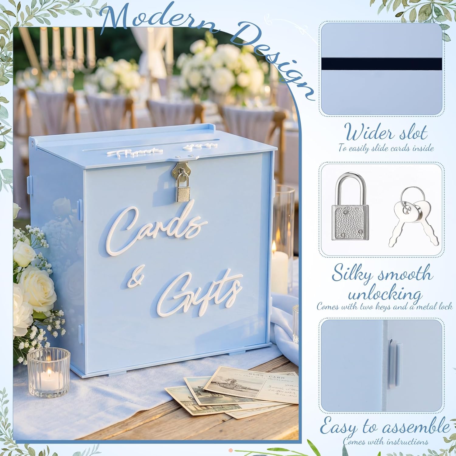 BreezeHug Light Blue Acrylic Wedding Card Box with Slot and Lock, Money Gift Box with DIY Letters Cards Gifts/Thank You Letters, Baby Shower Graduation Birthday Party (Medium)