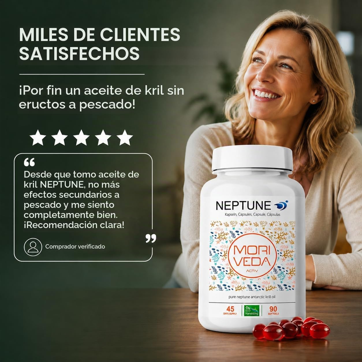 MoriVeda NEPTUNE Cápsulas de aceite de krill, suministro para 135 días, con omega 3, 6 y 9 (EPA/DHA), antioxidantes, vitamina E y colina, certificado por el MSC y sostenible, 3 x 90 cápsulas blandas