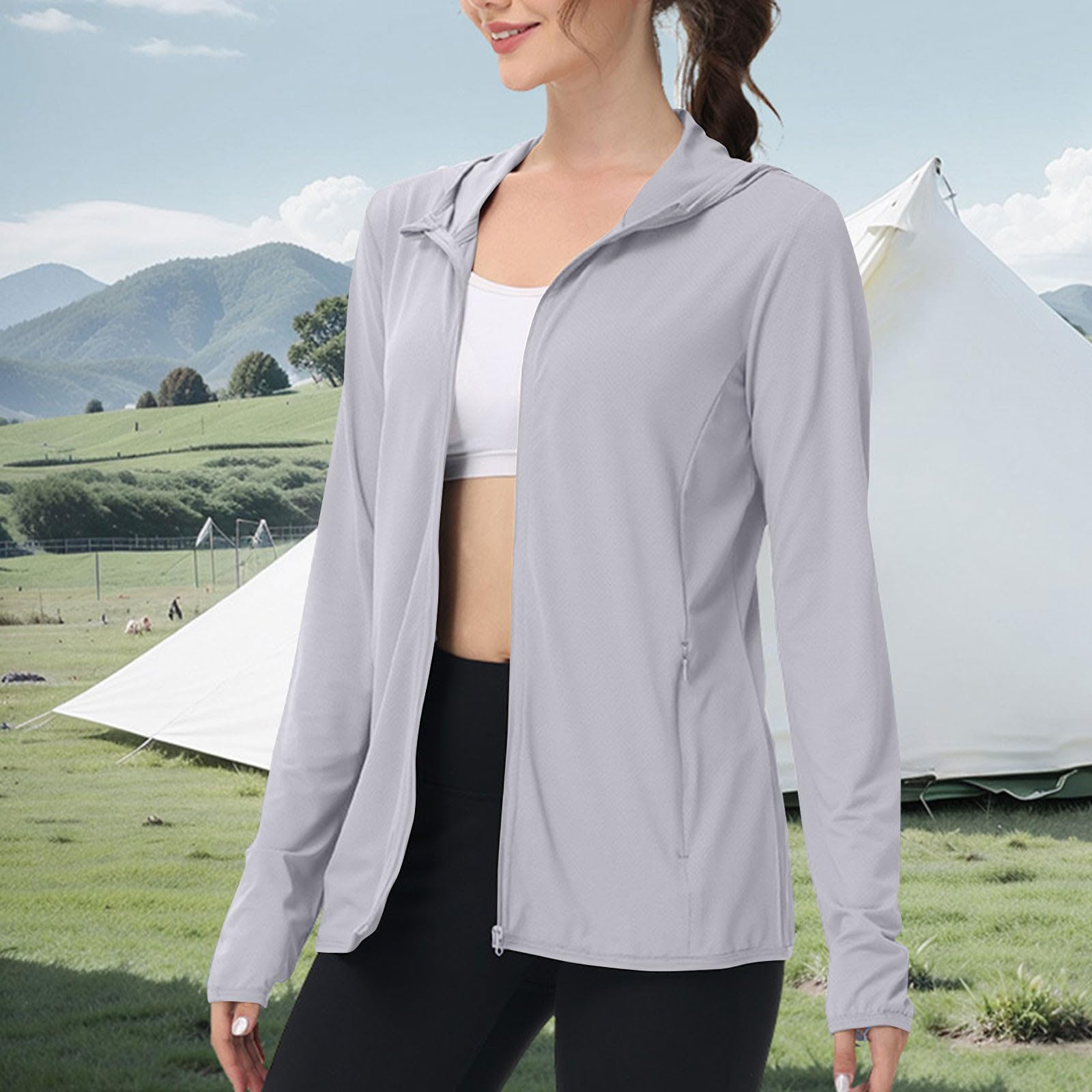 Ropa de protección UV para mujer, de manga larga, chaqueta de verano, transpirable, con capucha, protección solar, chaqueta deportiva, protección UV, chaqueta deportiva, chaqueta para correr