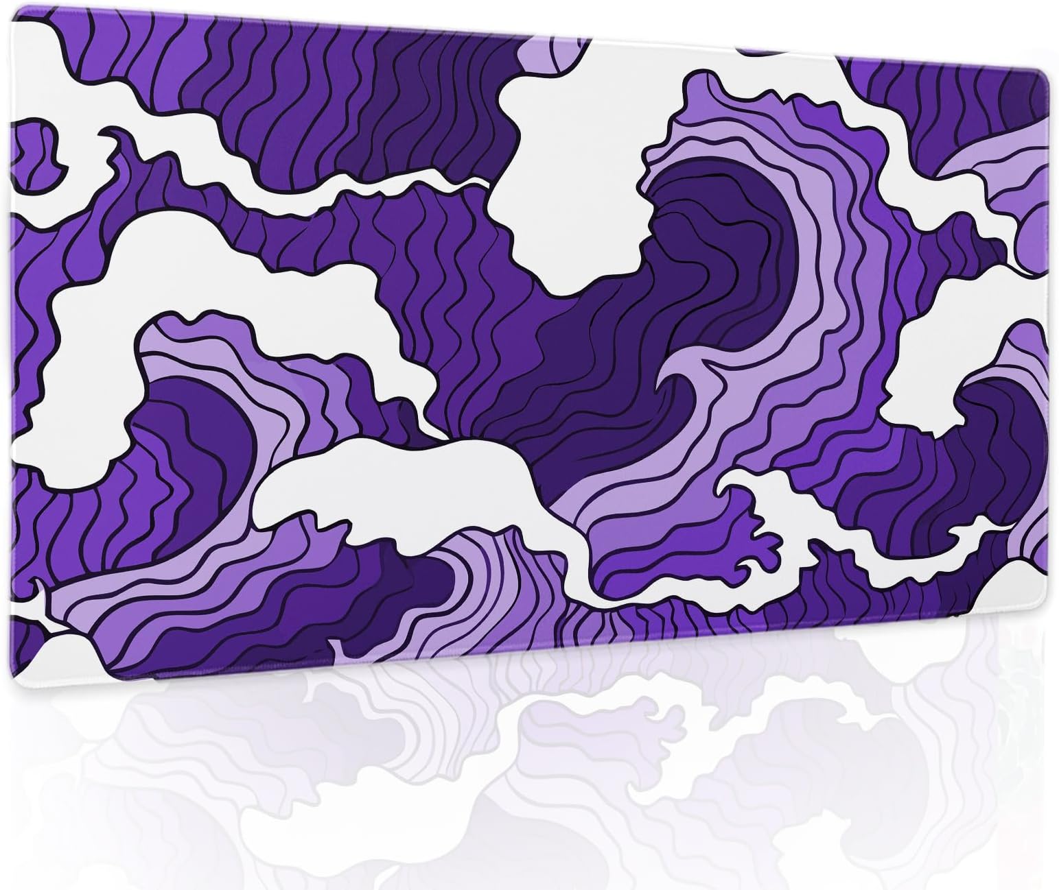 Japanese Purple White Wave Gaming Mouse Pad XL Cartoon Sea Texture Extended Large Desk Cover Big Table Mat Non-Slip Rubber Base Stitched Edge Long Keyboard Playmat Office,24x14 in,60x35cm