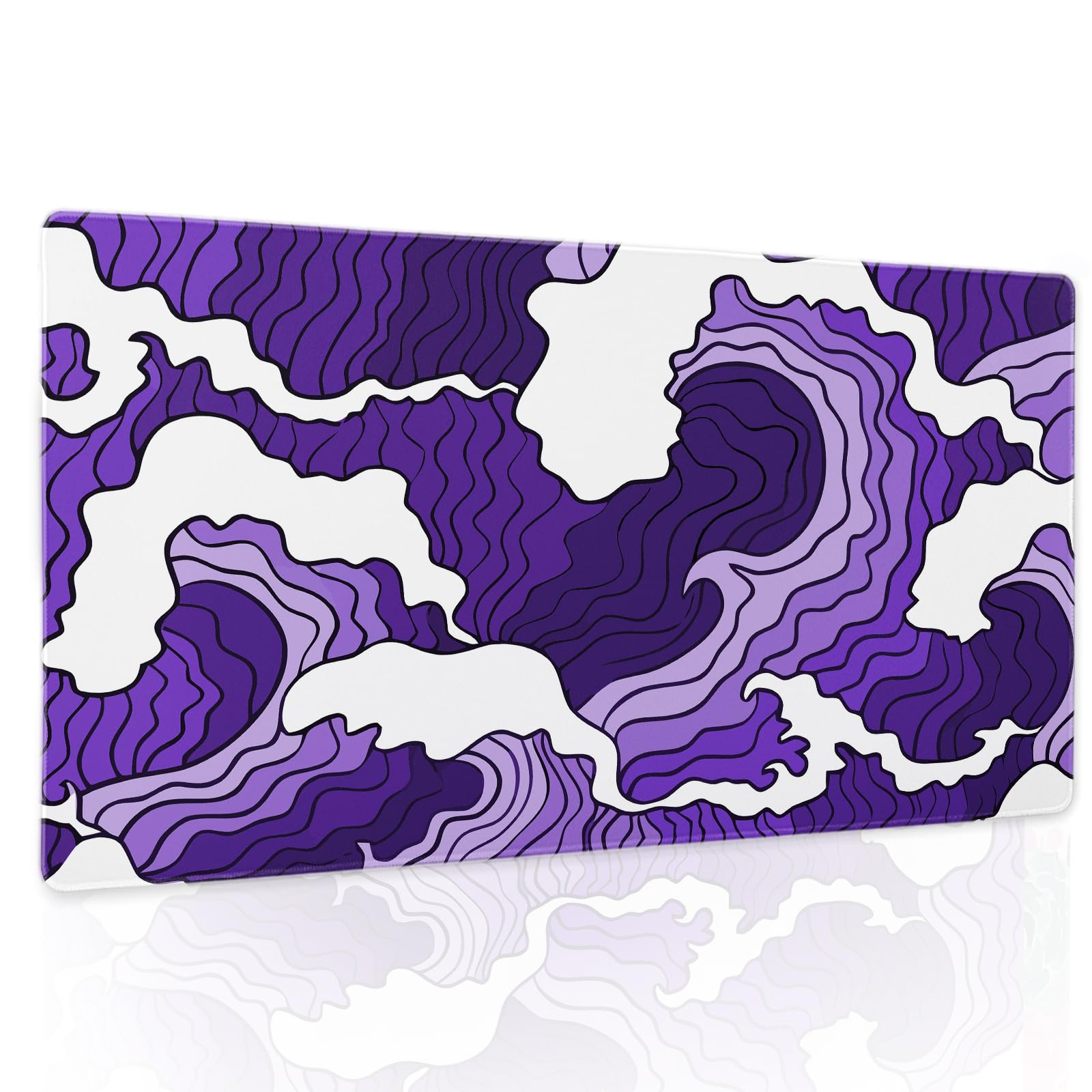 Japanese Purple White Wave Gaming Mouse Pad XL Cartoon Sea Texture Extended Large Desk Cover Big Table Mat Non-Slip Rubber Base Stitched Edge Long Keyboard Playmat Office,24x14 in,60x35cm