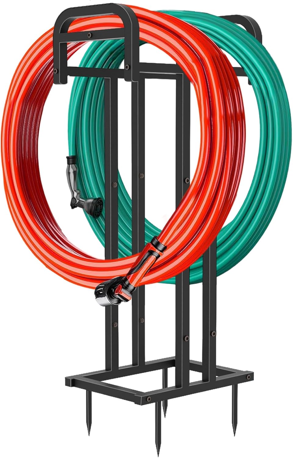 Garden Hose Holder, Upgraded Double Side Water Hose Holder Hose Storage with 4 Spikes, Metal Hose Hanger Freestanding Hose Stand, Heavy Duty Garden Hose Reels for Outside