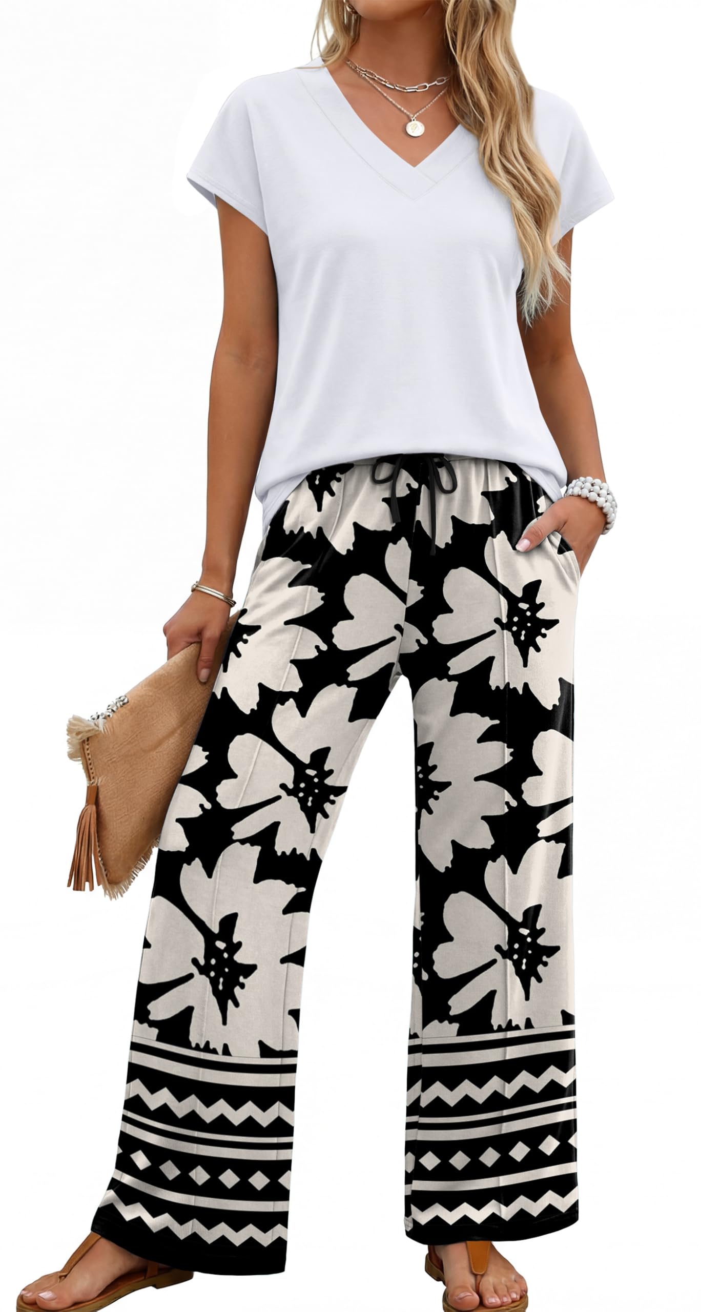 XIEERDUO Women's 2 Piece Sets Summer Beach Vacation Cruise Travel Outfits Printed Wide Leg Pant V Neck Cap Sleeve Tops — view 6