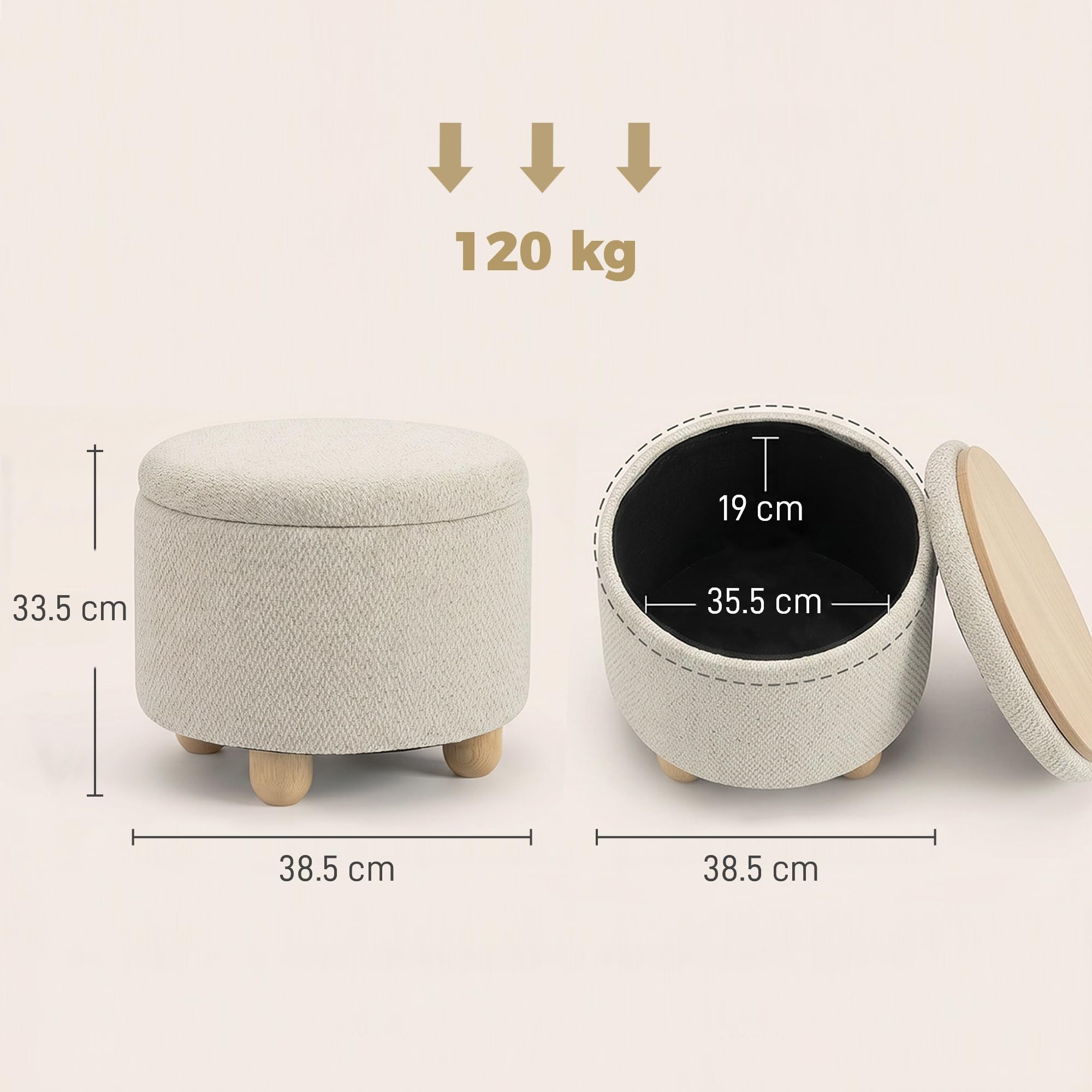 HOMCOM Pouf Contenitore Rotondo 19L con Coperchio 38.5x38.5x33.5 cm Beige | Tessuto Effetto Iuta, Sgabello Contenitore, Capacità 120kg, Camera da Letto, Soggiorno, Ingresso