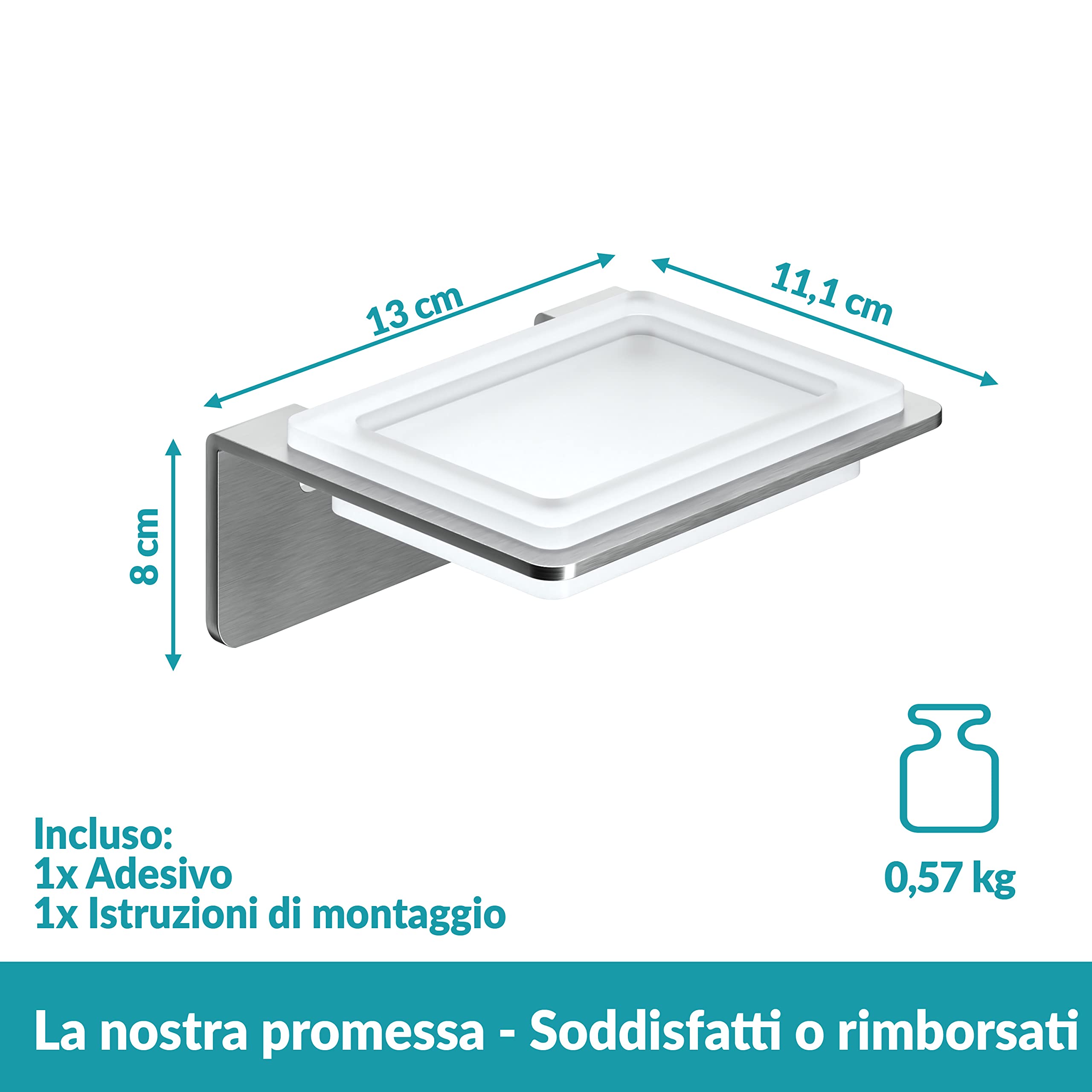 WEISSENSTEIN Portasapone bagno adesivo 3M - Portasapone Acciaio inox e vetro - Saponiera con vaschetta in vetro - Porta saponetta da parete