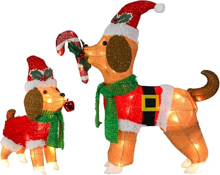 Afirst Christmas Dog Lighted Decorations, 2 Pack Lighted Up Xmas Dog Outdoor Lighted Holiday Displays Gift for Home Garden Party Yard Porch Decor