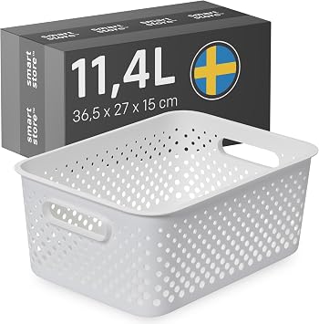 SmartStore Storage Basket with Handles in White 11.4L 36.5x27x15cm | Plastic Storage Bin from Recycled Plastic | Essence L Storage Box fits A4 paper Storage