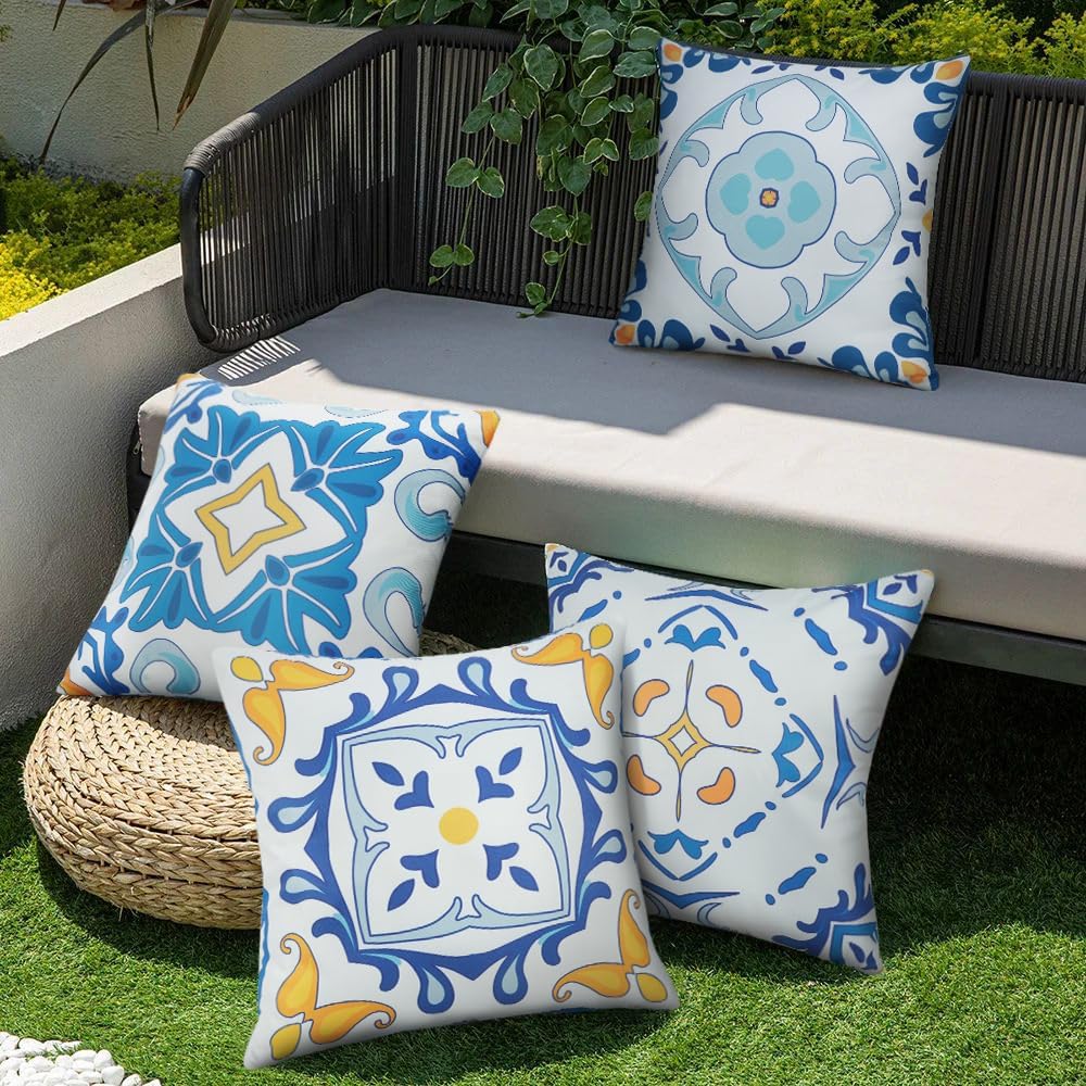 Outdoor Waterproof Pillow Covers, Blue Floral Outdoor Throw Pillow Cover Set of 4, Boho Double-Sided Decorative Outside Throw Pillows for Patio Furniture Porch Garden Couch