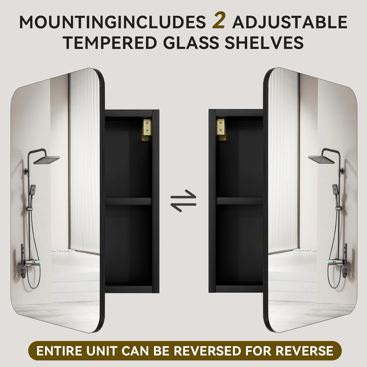 TOTTE 24x16 Inch Bathroom Medicine Cabinet Black, Wall Mounted Bathroom Medicine Cabinets or Recessed Mirror Cabinet Rounded Rectangle Medicine Cabinets