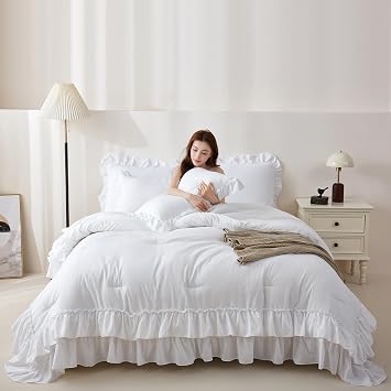 Ruffle Queen Comforter Set, 3 Pieces White Lightweight Fluffy Bedding, All Season Soft Microfiber Shabby Chic Farmhouse Decor for Women Girls Teens