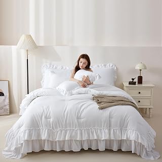 Ruffle Queen Comforter Set, 3 Pieces White Lightweight Fluffy Bedding, All Season Soft Microfiber Shabby Chic Farmhouse Decor for Women Girls Teens