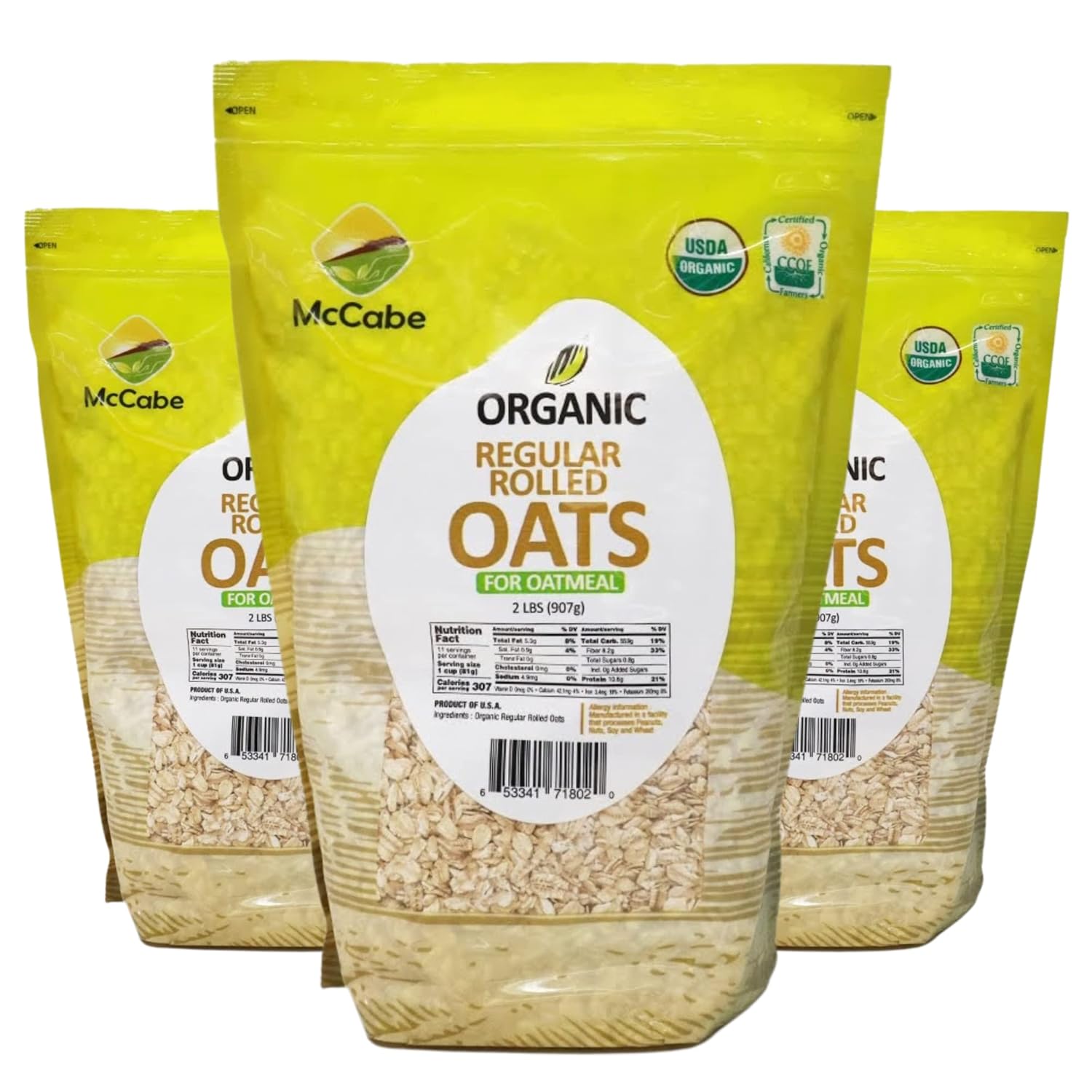 McCabe Organic Regular Rolled Oats - Rolled Oats Organic | Rich with Fiber & Minerals | USDA and CCOF Certified | Product of USA | 2Lbs Pack of 3