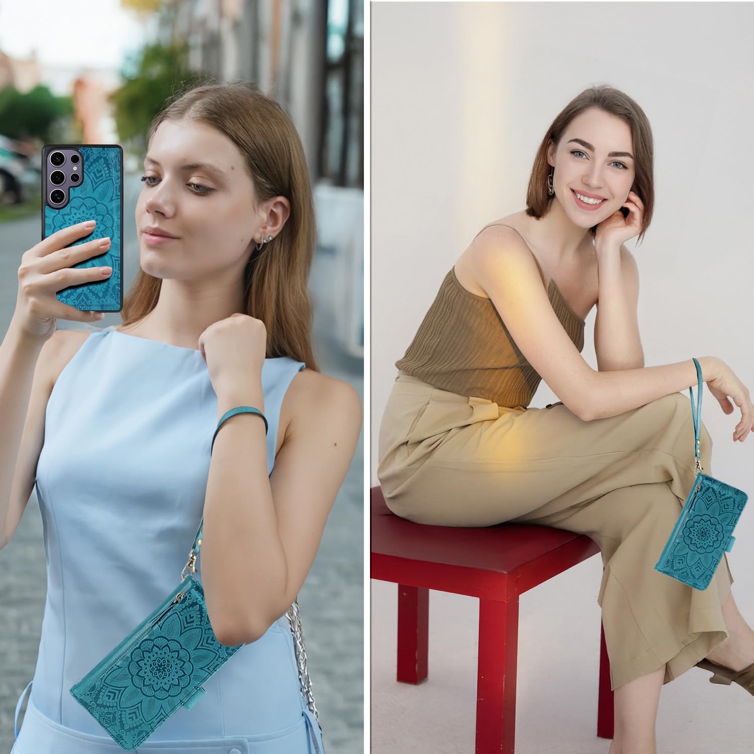 Harryshell Compatible with Samsung Galaxy S25 Ultra Wallet Detachable Magnetic Phone Case Wireless Charging [RFID Blocking] Card Slots, Cash Zipper Pocket Wrist Strap 6.9" (Floral Blue Green)