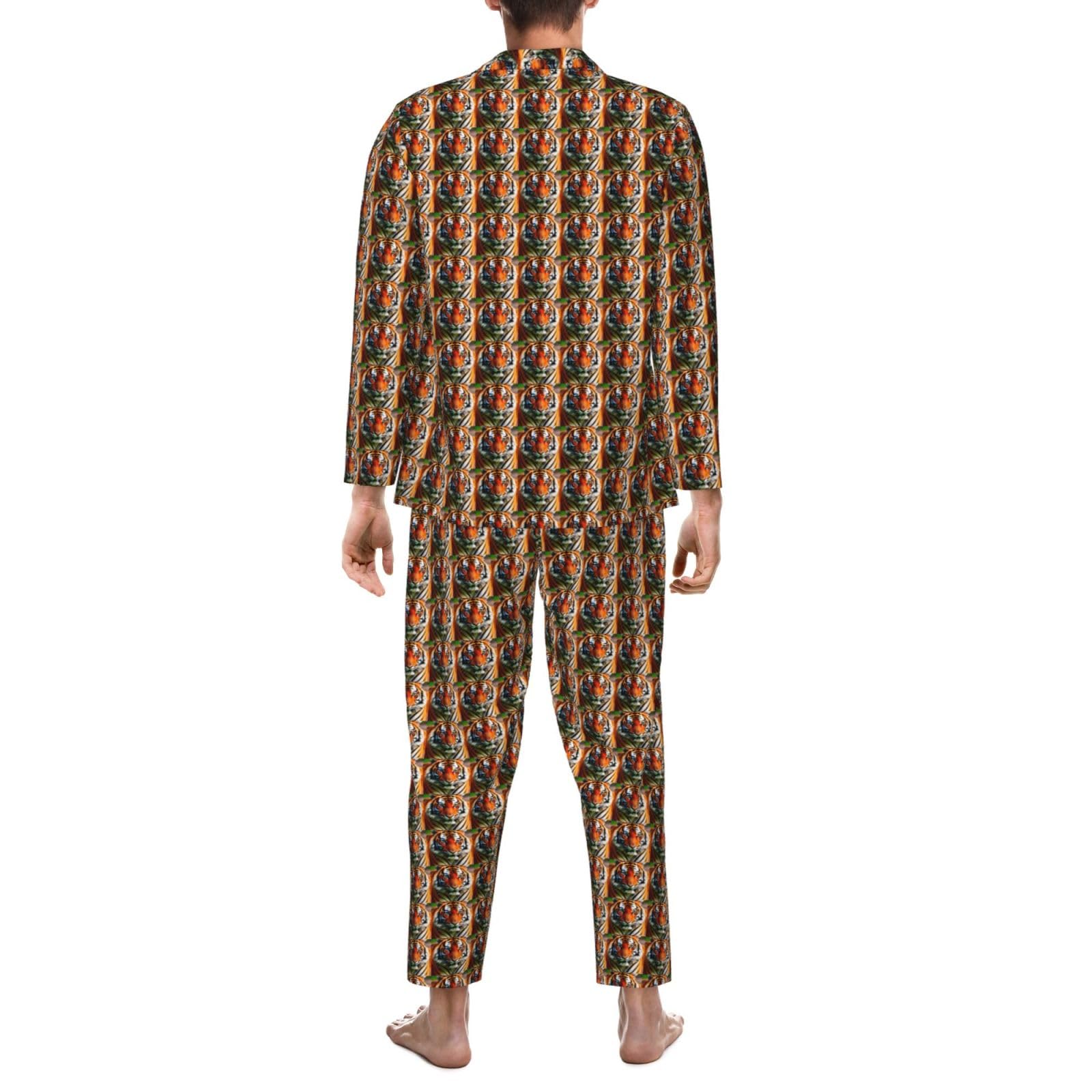 Tiger Stripes Arancione Modello Stampa Uomini Manica Lunga Pigiama Set Due Pezzi Lounge Traspirante Confortevole Nightwear