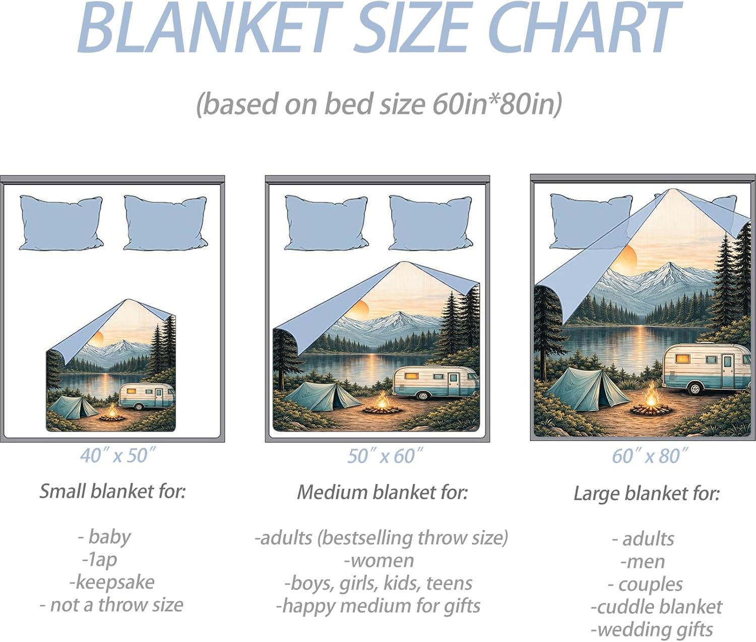 Vintage Mountain Lake Camping Throw Blanket, Rv Trailer Tent and Sunset, Soft Flannel Fleece, 50x60 Inch, Couch Sofa Blankets for Hikers Campers, Cozy Rustic Outdoor Landscape Home Decor Gifts