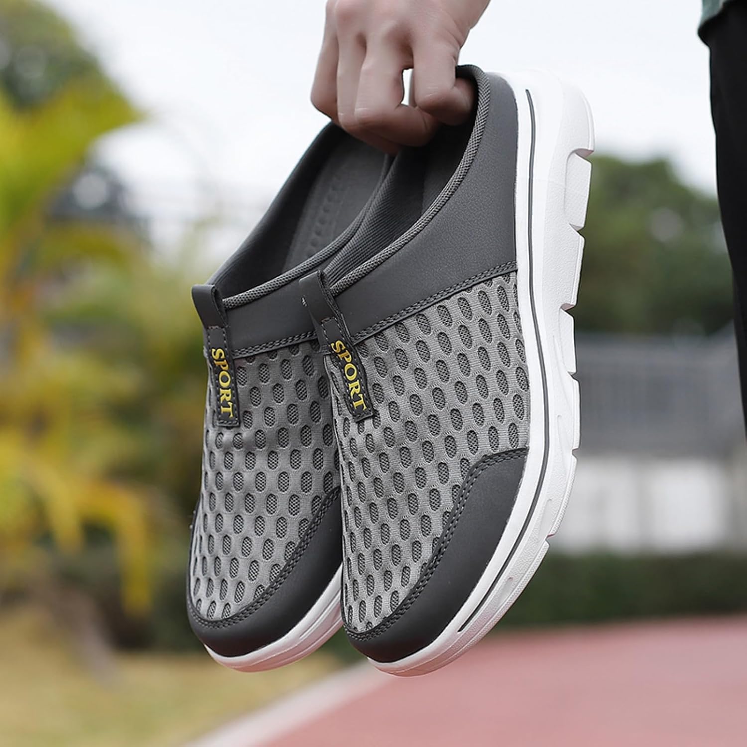 FUNCOS Men's Arch Support Slip-On Mules - Breathable Mesh Walking Shoes with Memory Foam, Lightweight Comfortable House Slippers for Indoor & Outdoor