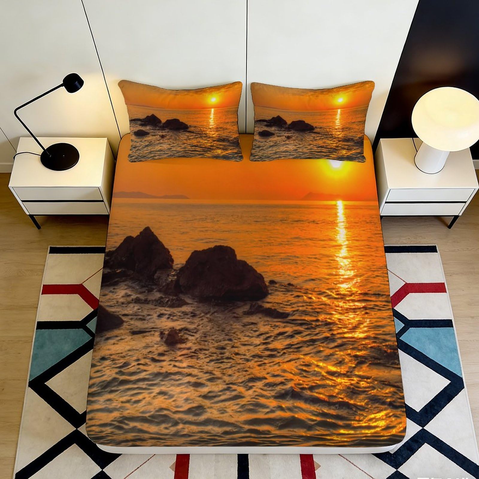 3D Printed Sunset Ocean Fitted Sheet Microfiber Soft Breathable Seaside Rocks Mattress Cover Bedroom Decor 200x200x25cm
