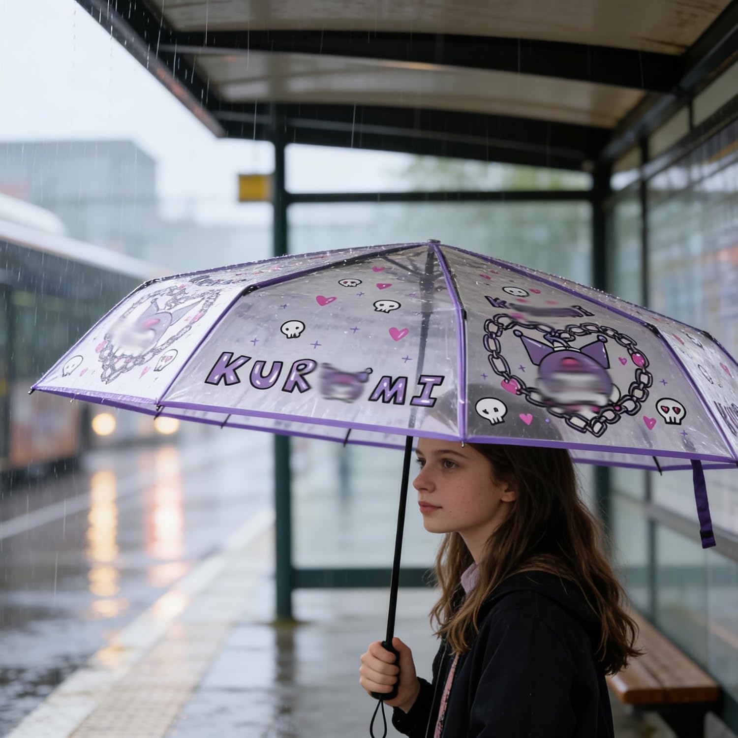 Roffatide Anime Kuromi Cute Clear Bubble 8-Rib Folding Travel Umbrella - Windproof, Waterproof, Light Protection